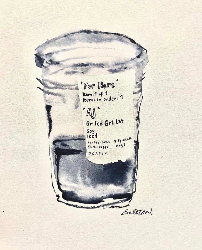 An ink illustration of a half-empty plastic coffee cup.