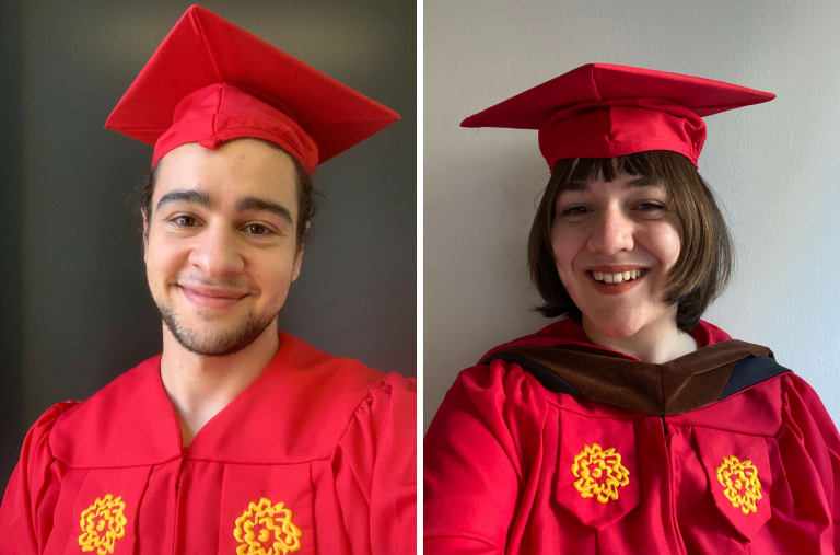 Two selfies side by side of members of the SVA class of 2021 smiling in their red caps and gowns. On the left is Fuad Khazam, and on the right is Kate Brock.