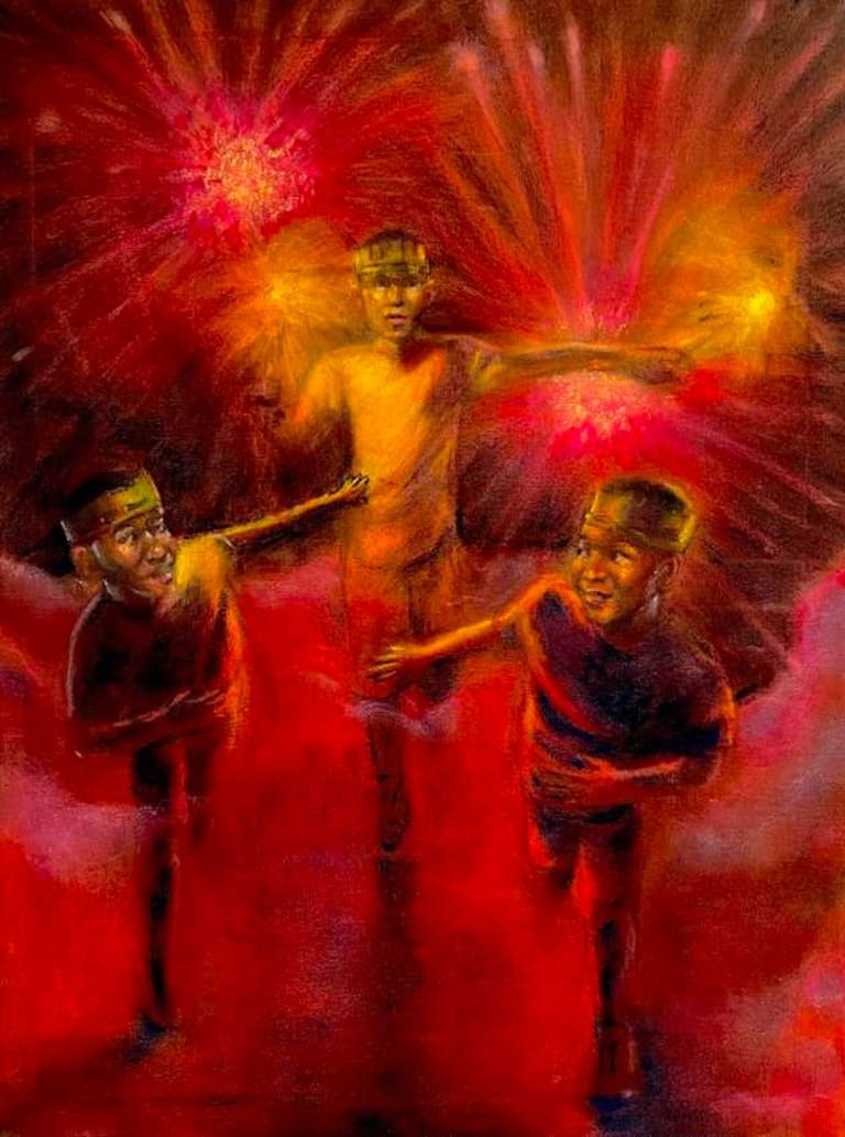 Illustration of three boys running with fireworks.