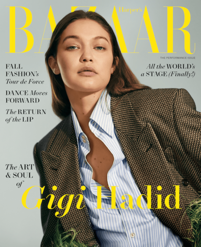Cover of Harper's Bazaar August 2021 magazine featuring a photo of model Gigi Hadid wearing a blazer and button-down shirt.