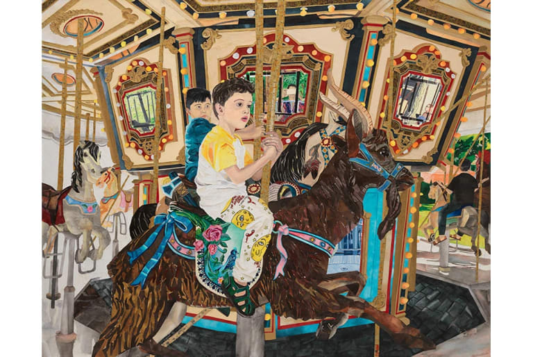 A painting of a young boy on a carousel wearing a yellow shirt and sitting on a goat-shaped seat.