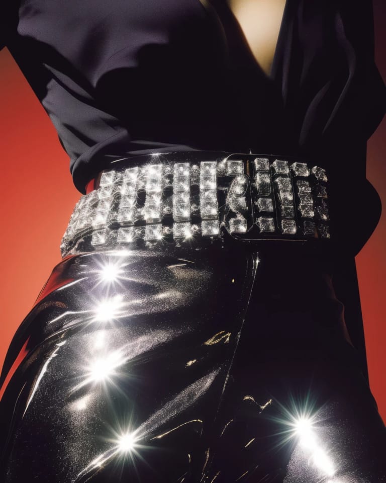 An AI generated image of a torso from the waist to the thighs in shiny tight black fabric and a rhinestone studded belt