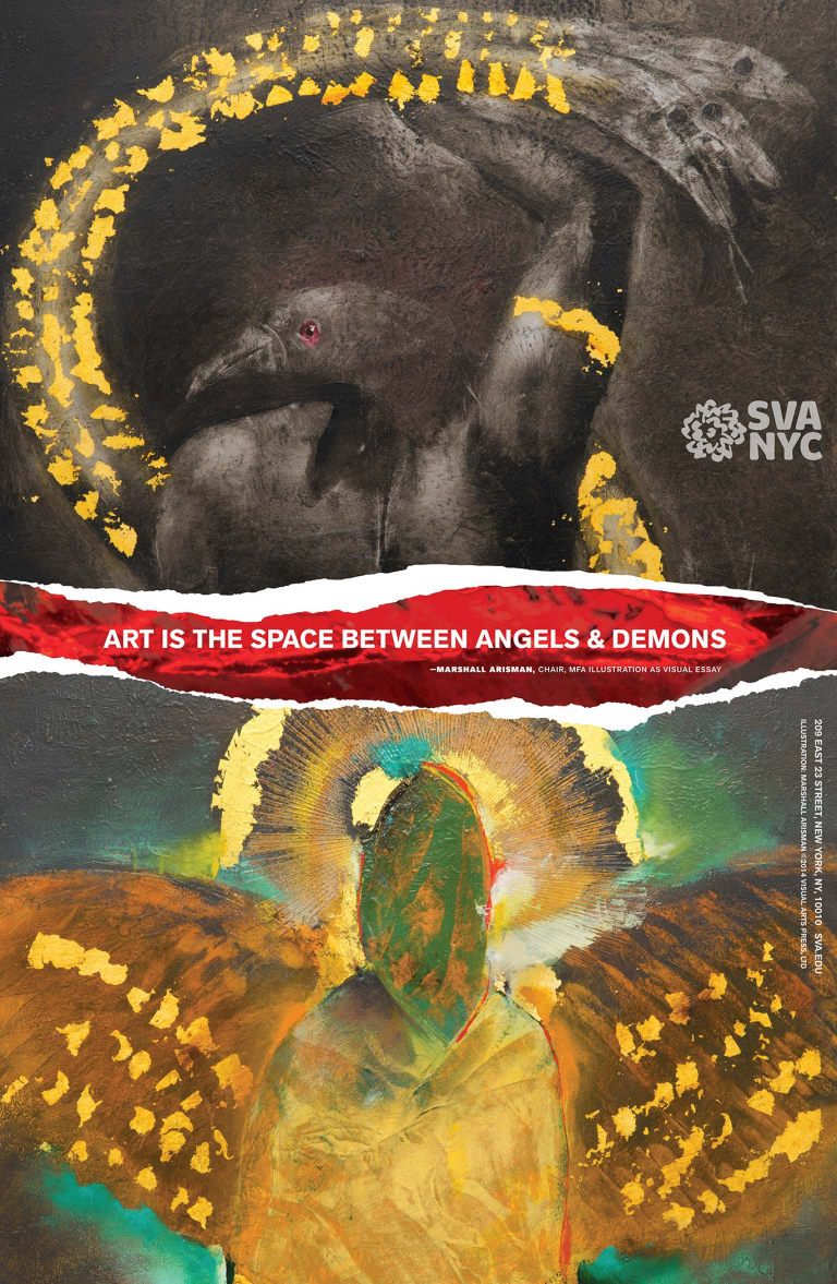 Illustration, top half is a dark image of a demon-esque creature with a long beak and golden serpent like tail. The bottom half is a greenish-golden bird with a golden aura. In the middle is the text "Art is the space between angles and demons"