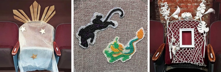 Three images left to right: a theater chair with stars on it, a close up of a beaded panther and dragon, a  theater chair with a white net and flowers over it 