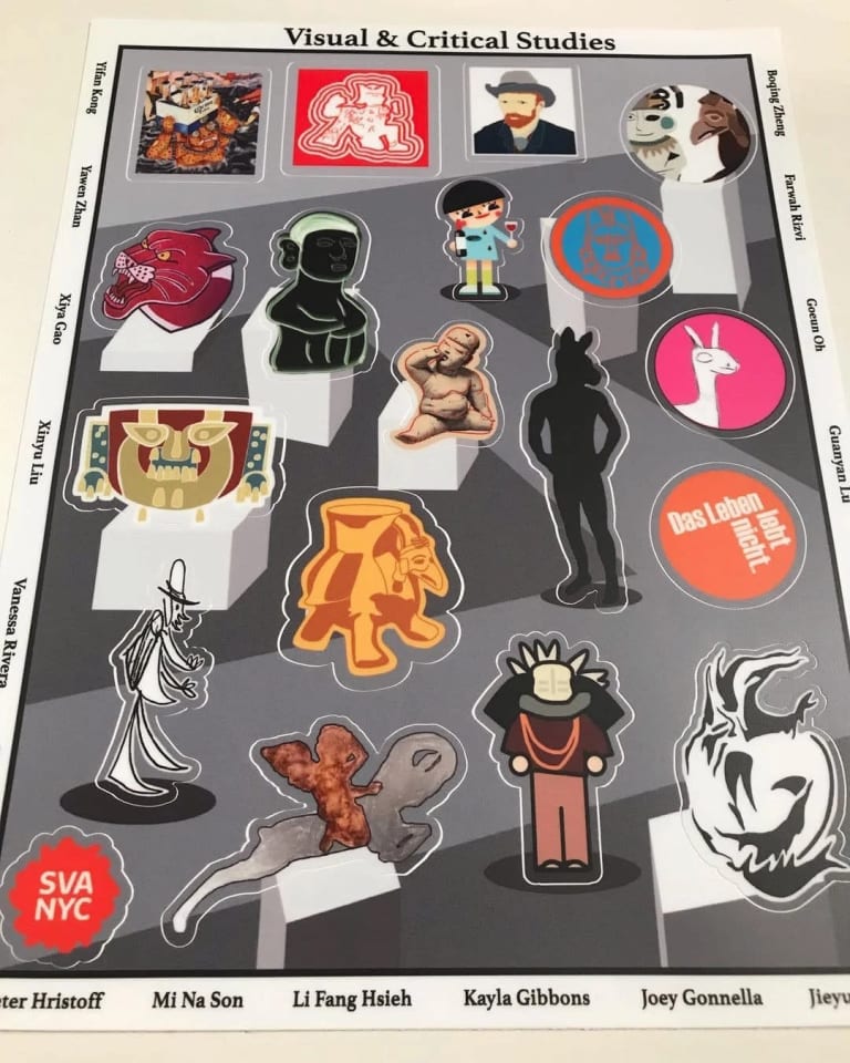 A sticker sheet of various illustrations, characters, sculptures and art pieces. Around the border are the artist names.