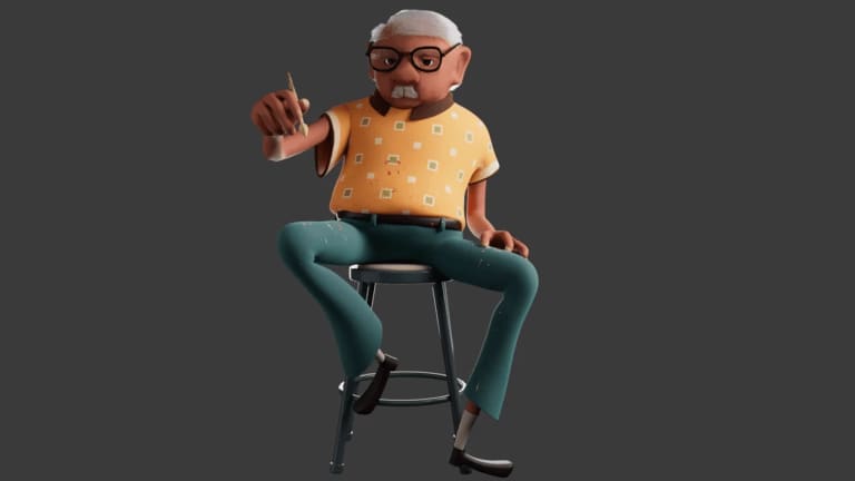 A 3D model of an older man in a orange shirt and green pants sitting on a stool with a paintbrush in hand. 