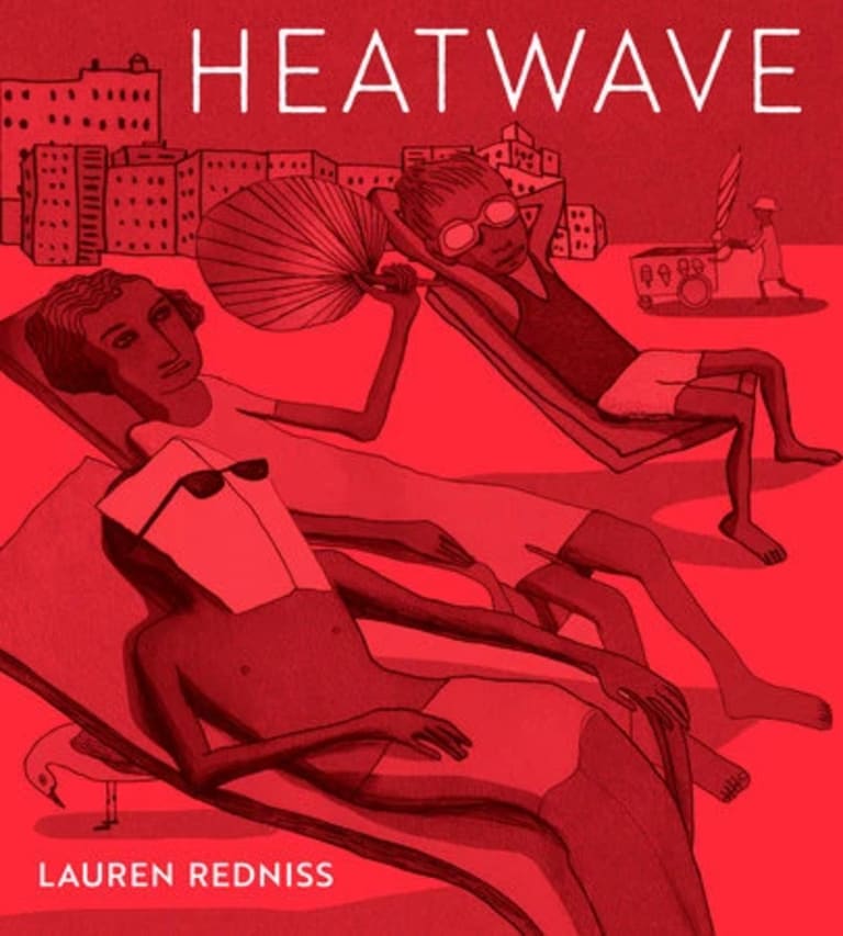 A red toned illustrated image of people lounging on the beach with the word "Heatwave" in white above them in the upper right corner