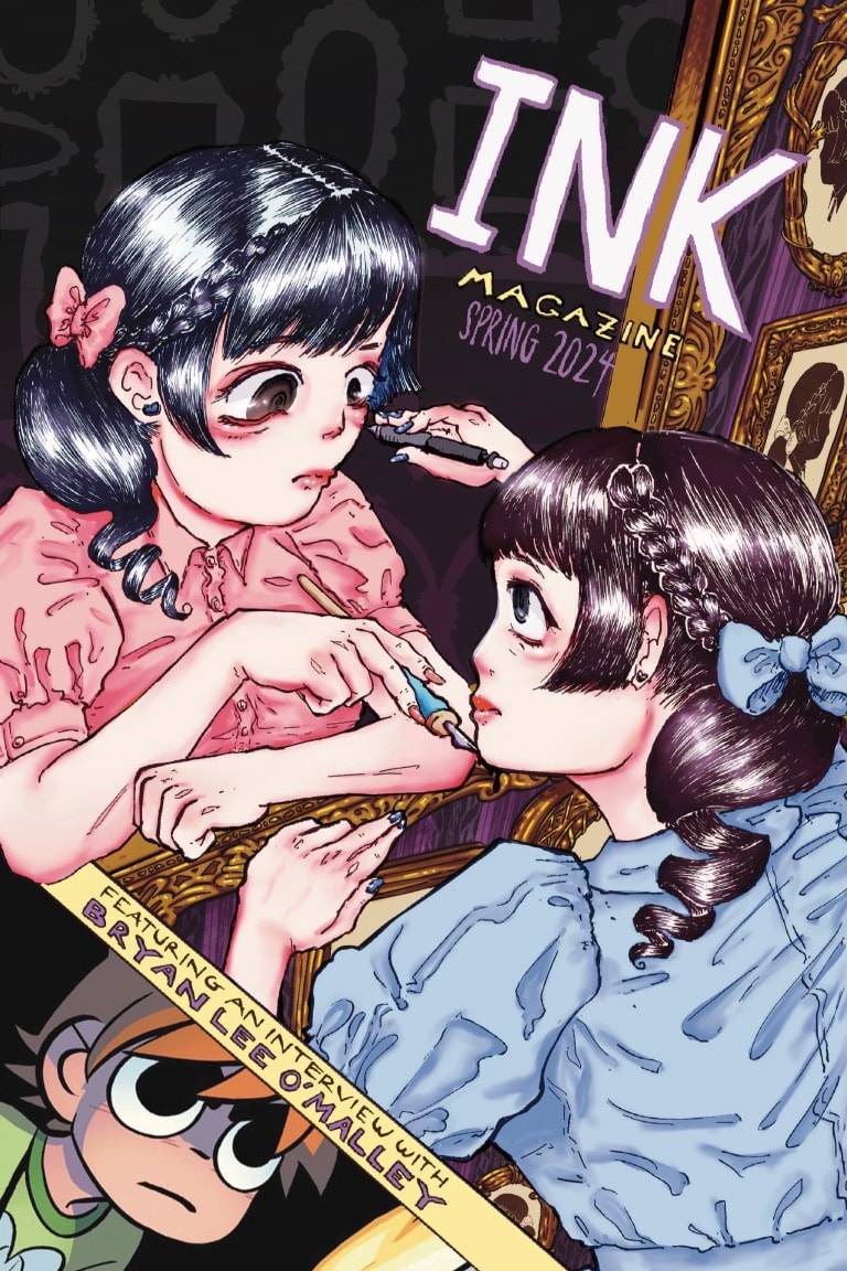 A cover of a magazine featuring two girls looking at each other and the work "INK" overhead
