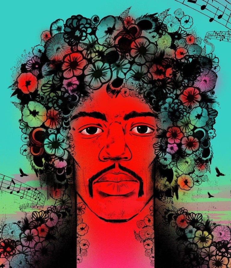 Portrait illustration of Jimi Hendrix.