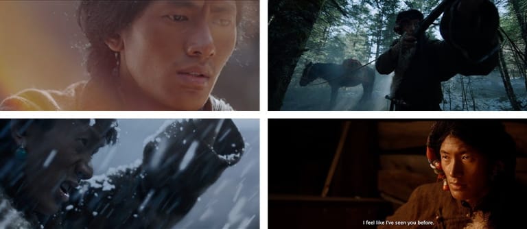 Four screen captures featuring shots of the same man: upper left image features a close-up of his face, upper right image depicts him with a horse, lower left image shows him in a snowstorm, lower right image is a scene of him inside of a cabin.  