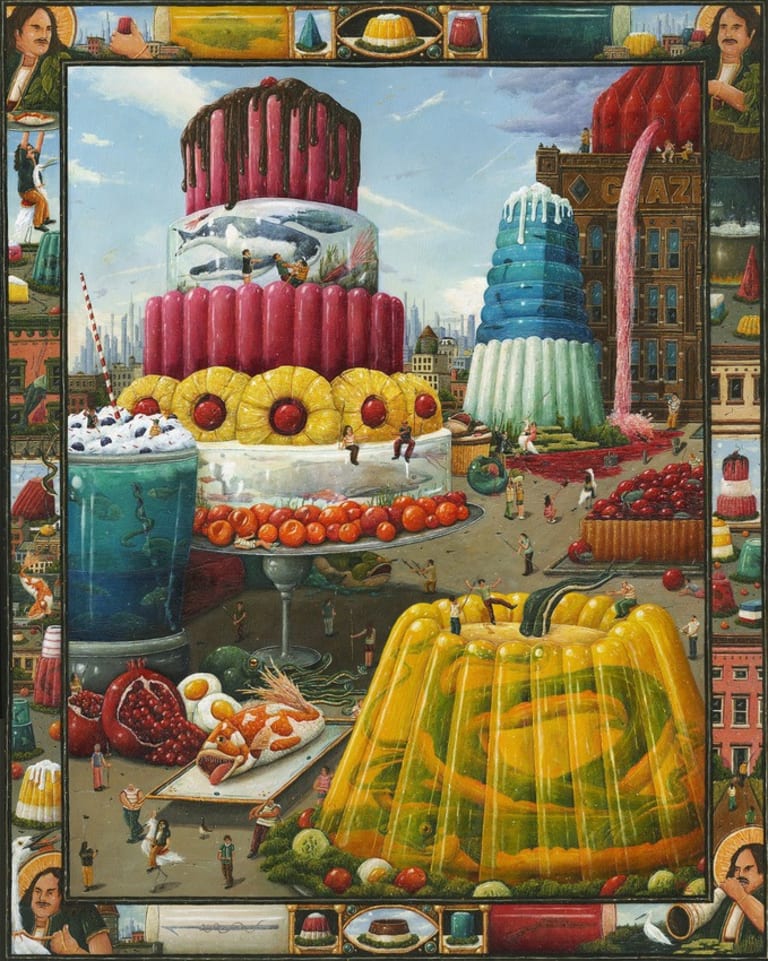 A painting featuring large jellies on a rooftop with a city in the background. People are pulling sea creatures out of the gelatin. There is a narrative border surrounding the painting. 