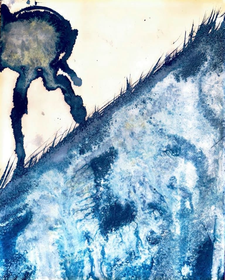 A blue-based artwork of a figure descending a hill.