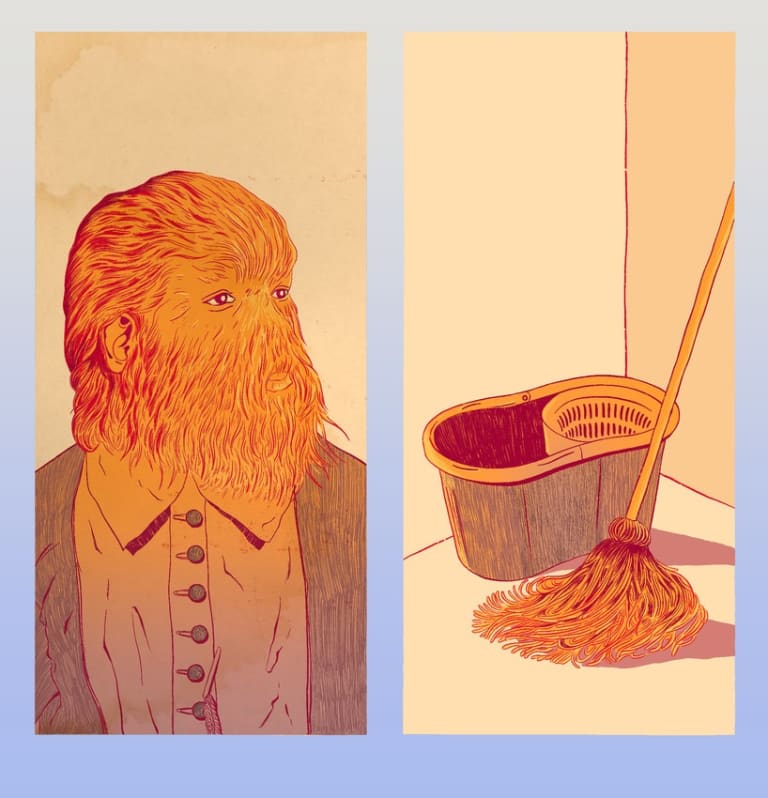 A two-panel illustration of a hairy monster and a mop and bucket.