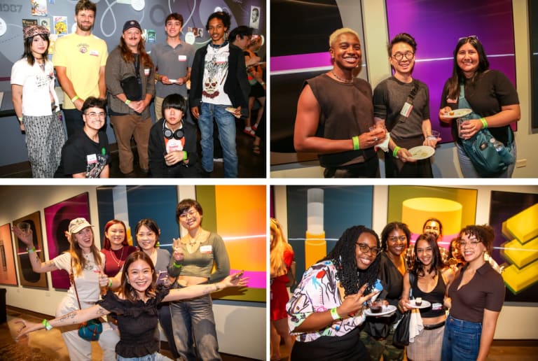 a grid of four photos depicting new grad students at grad student orientation 