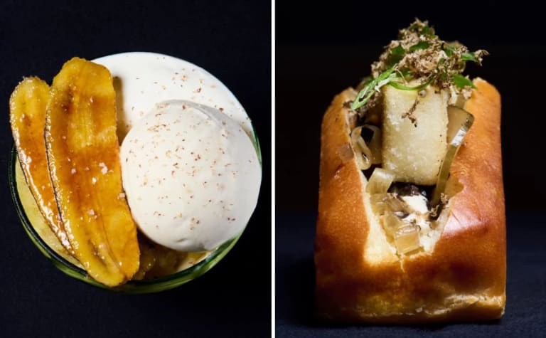 two images of food items, on the left is a plate with ice cream and a bananas and on the right is a roll with tofu 