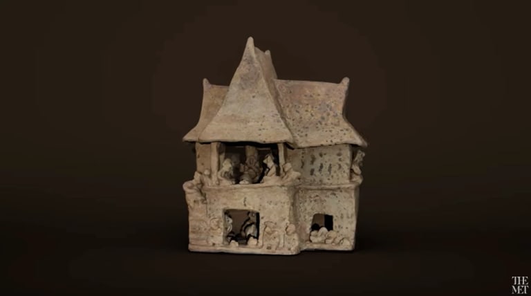 a 3d image of an ancient sculpture of a home with two floors and people in it