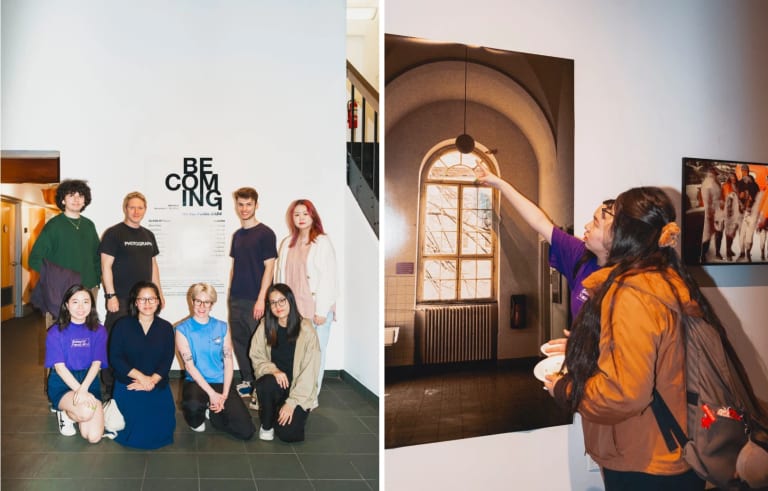 two photos of students at an exhibition opening posing in front of the wall text and pointing at an image of a window hung on the wall