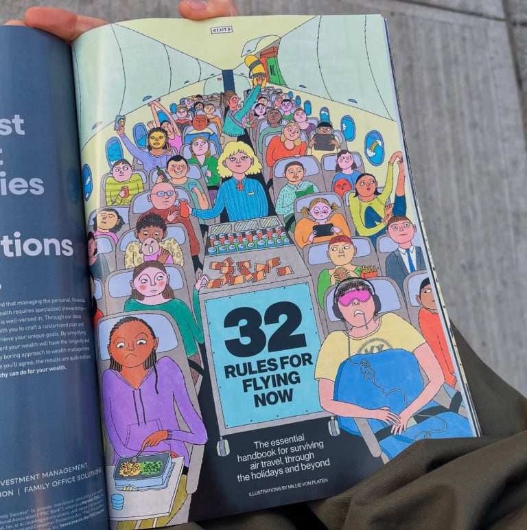 An image of a magazine featuring an image of people sitting on an airplane