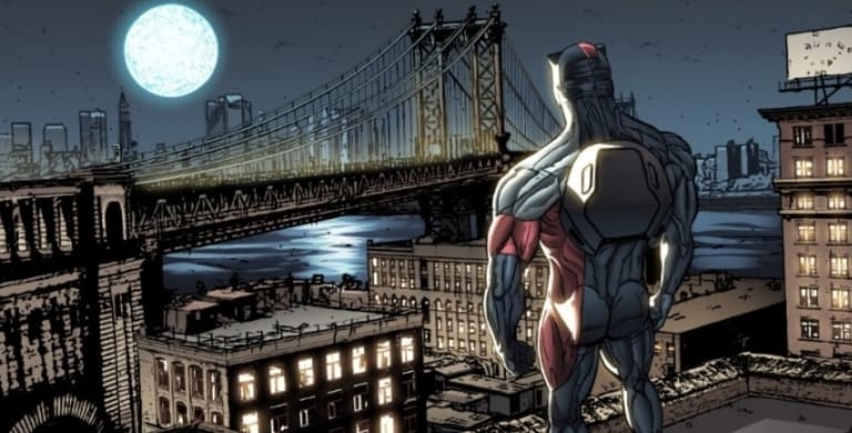 Illustration of a person in a superhero costume standing on a roof and looking over a city scape featuring a bridge and other buildings