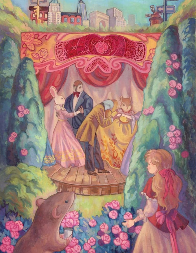 A painting of a woman and large, cute rat watching a group of personified creatures dancing together on a stage. They are surrounded by rose bushes.