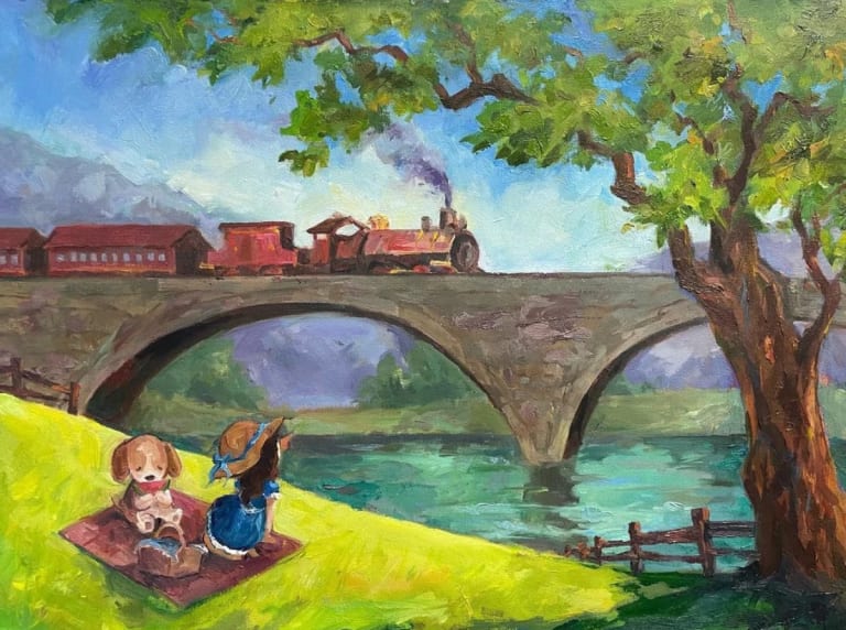 A painting of a girl and a dog sitting on a hill next to a lake while a train passes on a bridge in the distance 