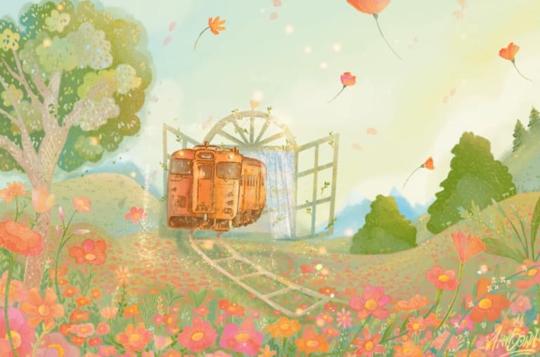 An illustration of a train driving through a magically suspended window in a field of flowers 