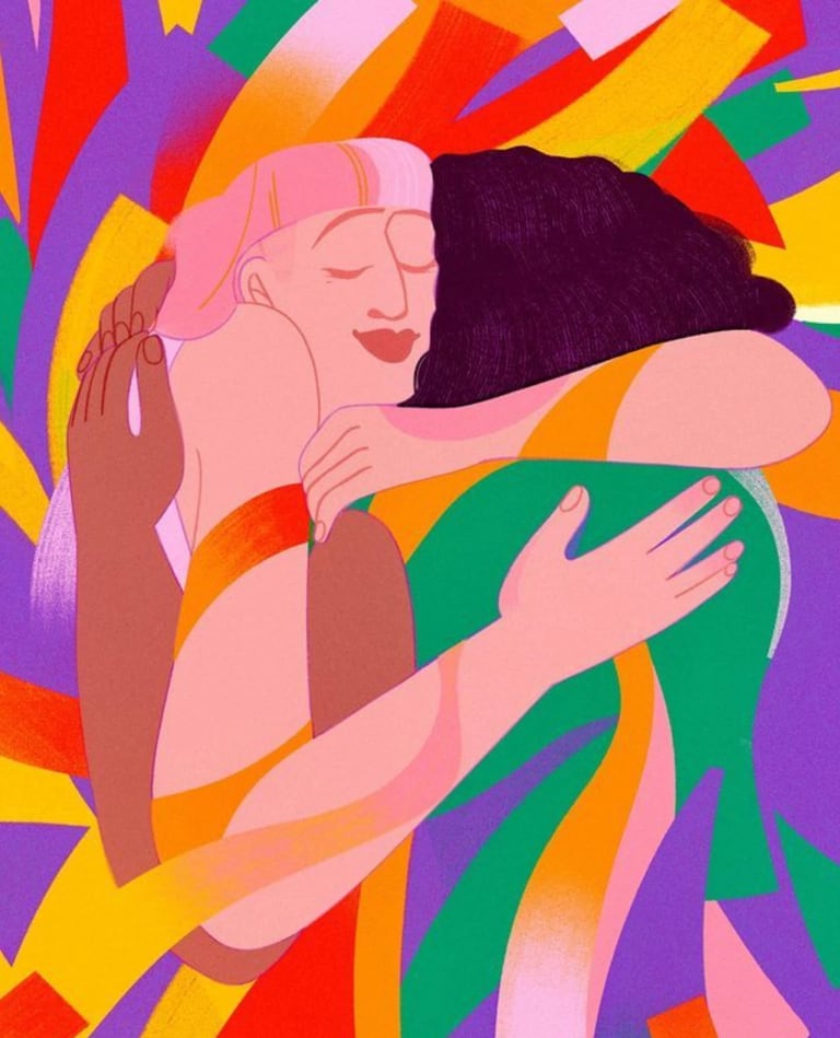 A digital illustration of two people embracing with their arms around each other in front of a rainbow-stripped background. One person has a pink mullet and the other has long brown hair