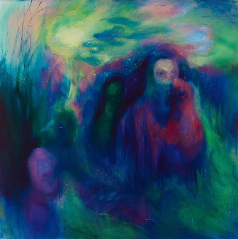 An surreal, impressionist oil painting done in primarily blues, purples and greens depicting an abstracted figure emerging from a landscape