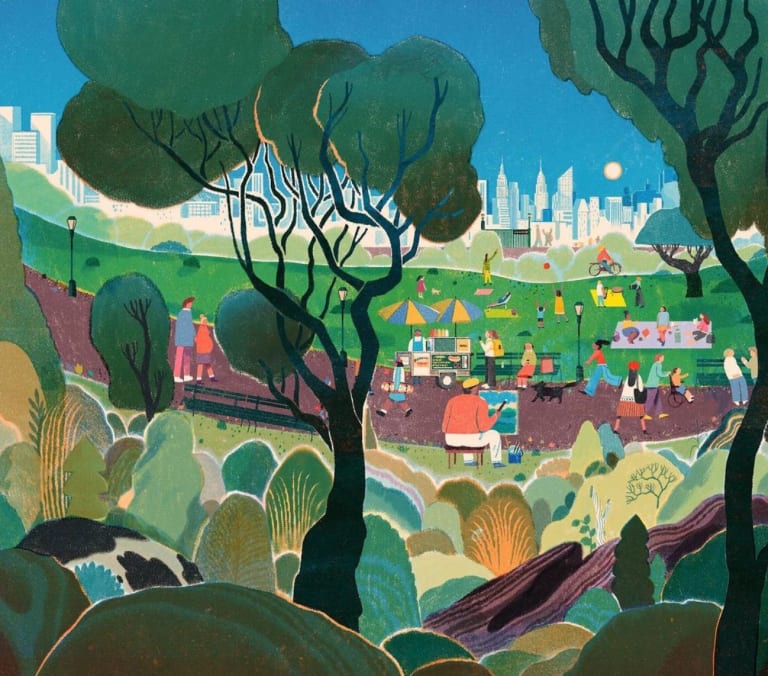 An illustration of a park with many groups of people doing various activities like painting, picnicking, and walking around