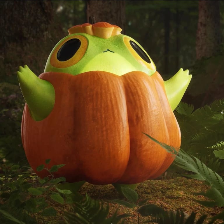A green frog in an orange pumpkin reaches up at the sky 