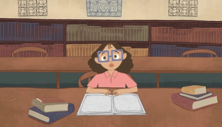 A screencap of a young girl in a library with purple square glasses looking quizzically at the viewer 