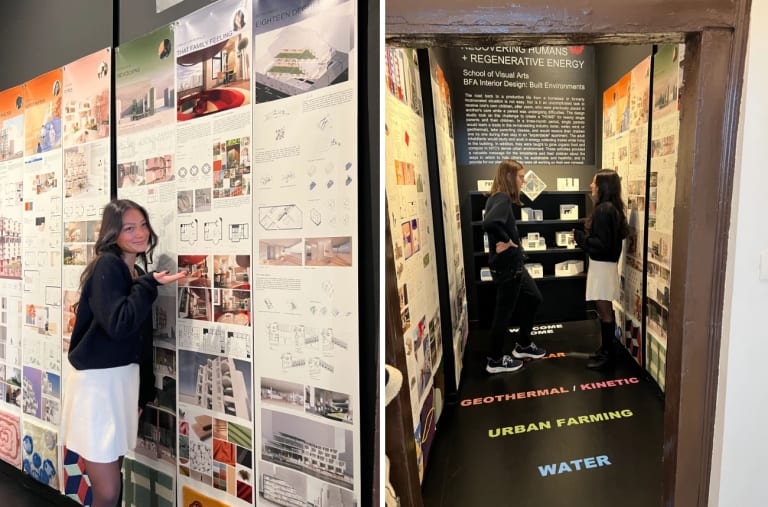 Two photos from left to right: A young woman gestures towards a wall filled with interior design schemas. Two people stand in an exhibition room filled with interior design schemas =.