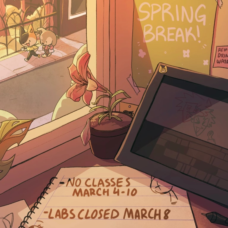 An illustration of a flower on a windowsill with a notepad in front of it that reads "no classes march 4 - 10"