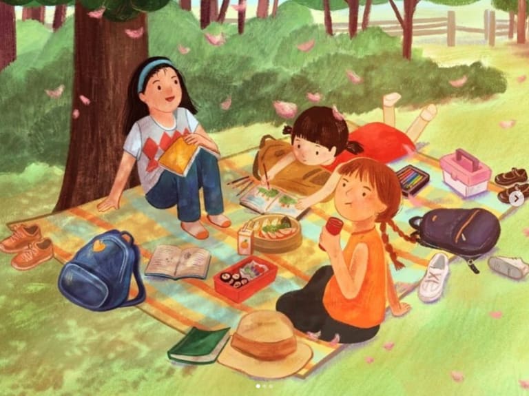 An illustration of three girls sitting under a tree having a picnic