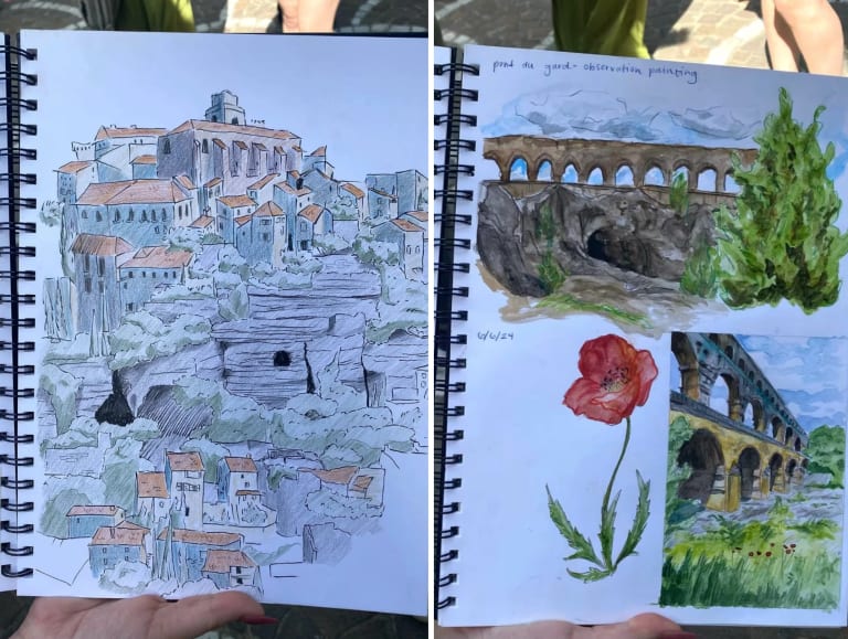 Two images of a sketchbook drawing