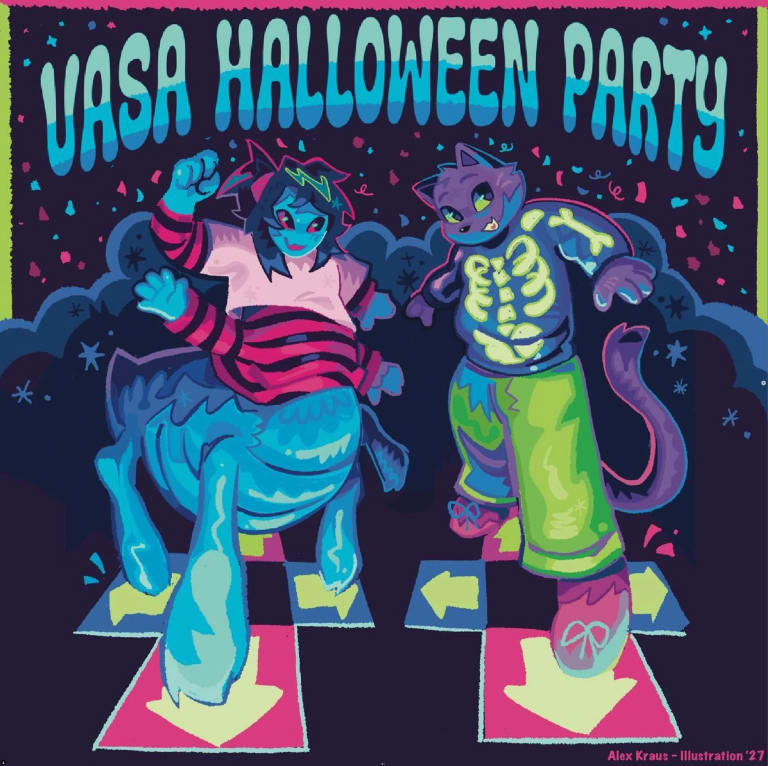 a digital illustration of a bug person and cat person dancing with the words "VASA Halloween Party" above them in bubble letters