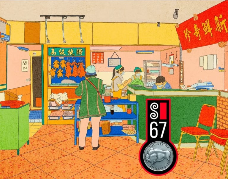 a colorful illustration of people at a bento shop both working behind the counter and buying food