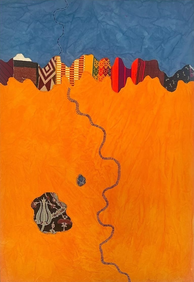 a textile painting featuring vibrantly colored and patterned textiles sewn together with a field of orange on the lower half of the canvas 