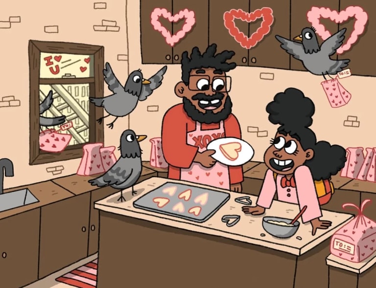 A cartoon illustration of a father and daughter baking heart-shaped cookies in the kitchen of a city apartment. Pigeons are traveling through an open window to pick up and fly off with pink bags with hearts printed on them that are set out on the counter.