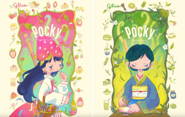 two images of pocky box redesigns featruring a girl on the left with a starwberry on her head and a girl on the right making matcha tea