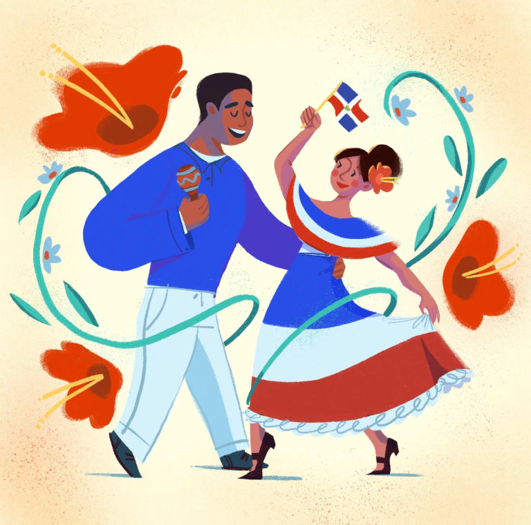 An illustration of a couple dancing while holding a Dominican flag 