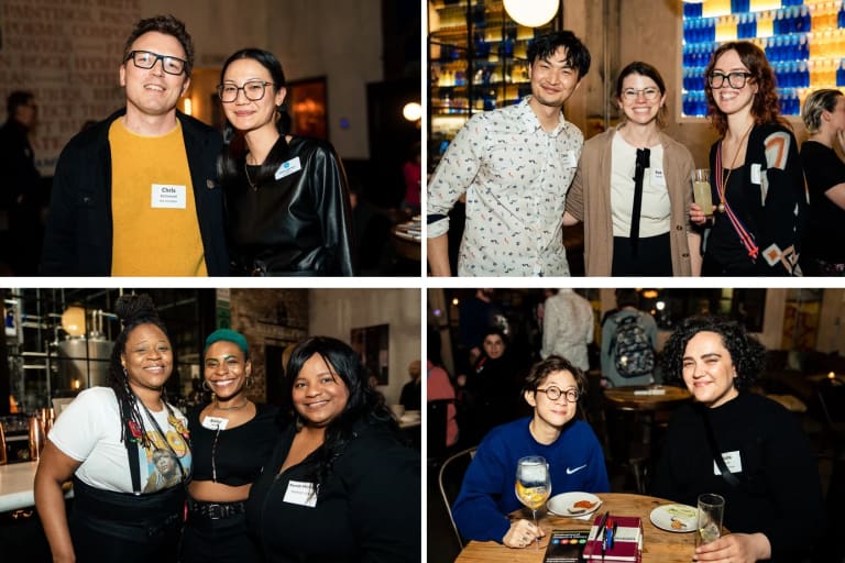A grid of images featuring people at a cocktail mixer