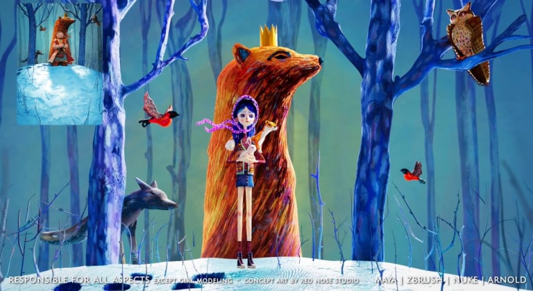 A 3d animation still of a girl on a snowy hill in front of a large bear wearing a crown 