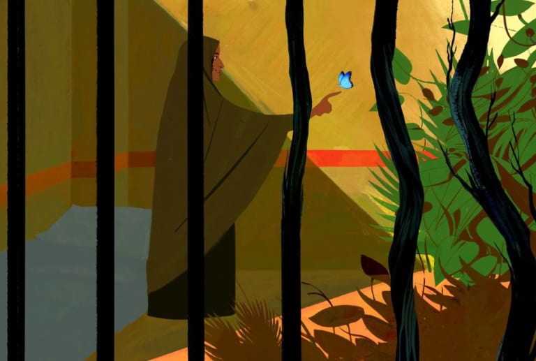 a digital illustration of a woman sticking her hand out as a blue butterfly lands on her finger. She is standing behind a set of bars that transform into trees as they move left to right in the composition 