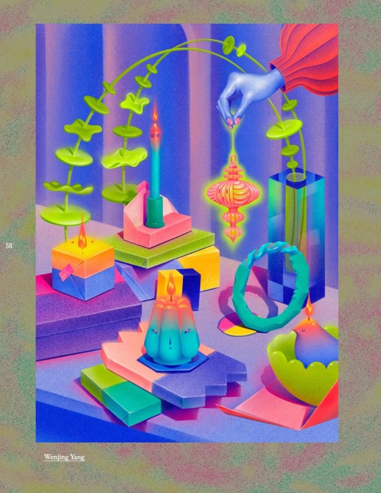 A spread from a zine featuring a colorful illustration of candles on the table 