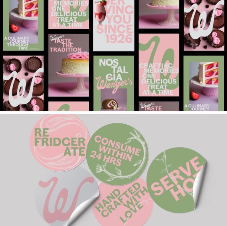 Two images of brand redesigns for Wenger's, redone in pinks and greens 