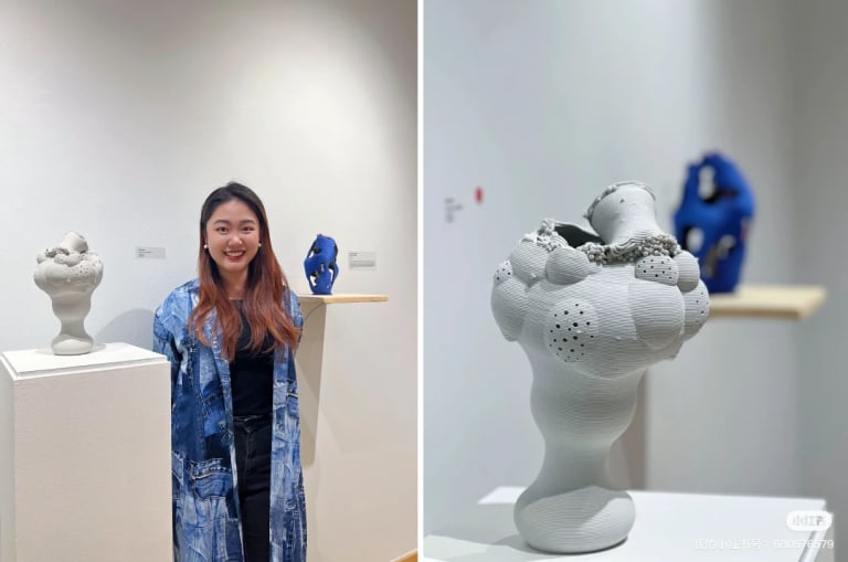 Two images next to each other, one of a woman standing next to two ceramic works and the other a close up of a white ceramic piece