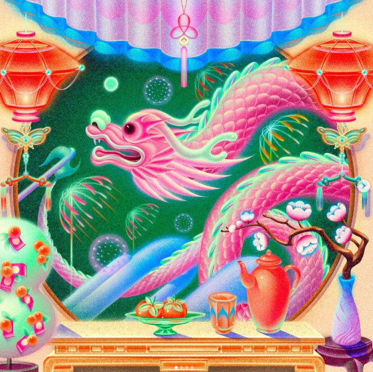 A brightly colored illustration of a pink dragon flying across the frame visible through a window