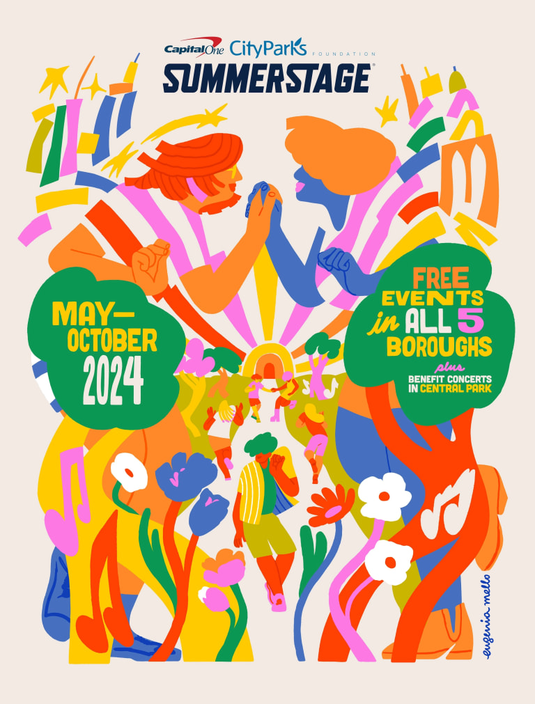 A colorful poster featuring two dancing figures and event information along with the title "Summerstage"