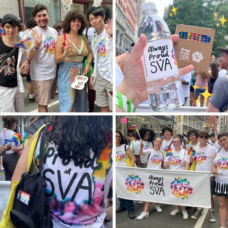 a grid of photos depicting SVA Students, staff and faculty at the 2024 NYC pride march. They are wearing matching t shirts and holding a banner 